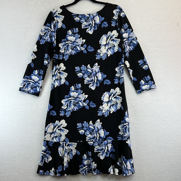 WHBM Knit Dress Sz M Black/Blue V-Neck 3/4 Sleeves Flared Hem Flounce Like New - Picture 5 of 11